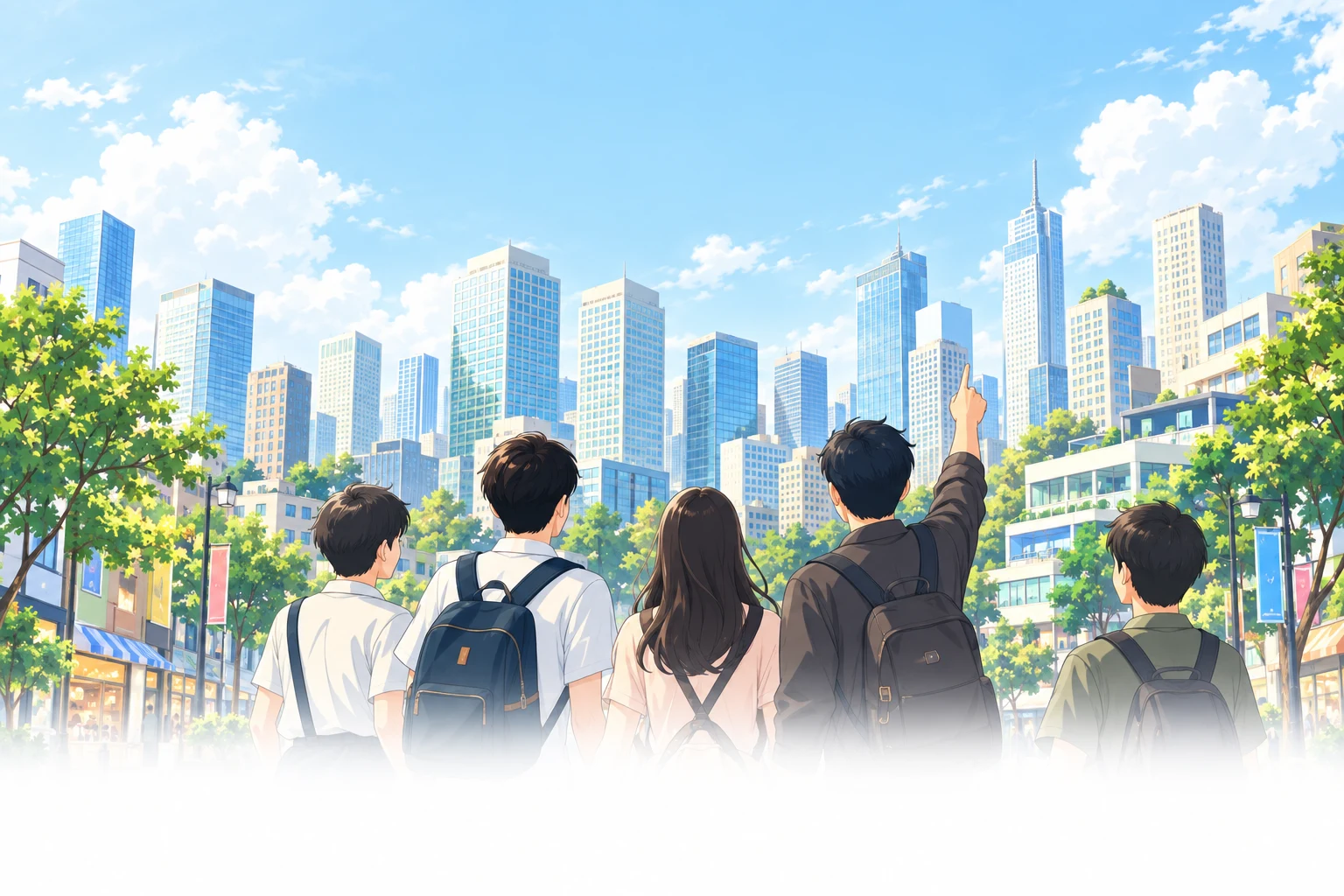 人々が肩を並べ、青空の広がる街を見上げているイラスト