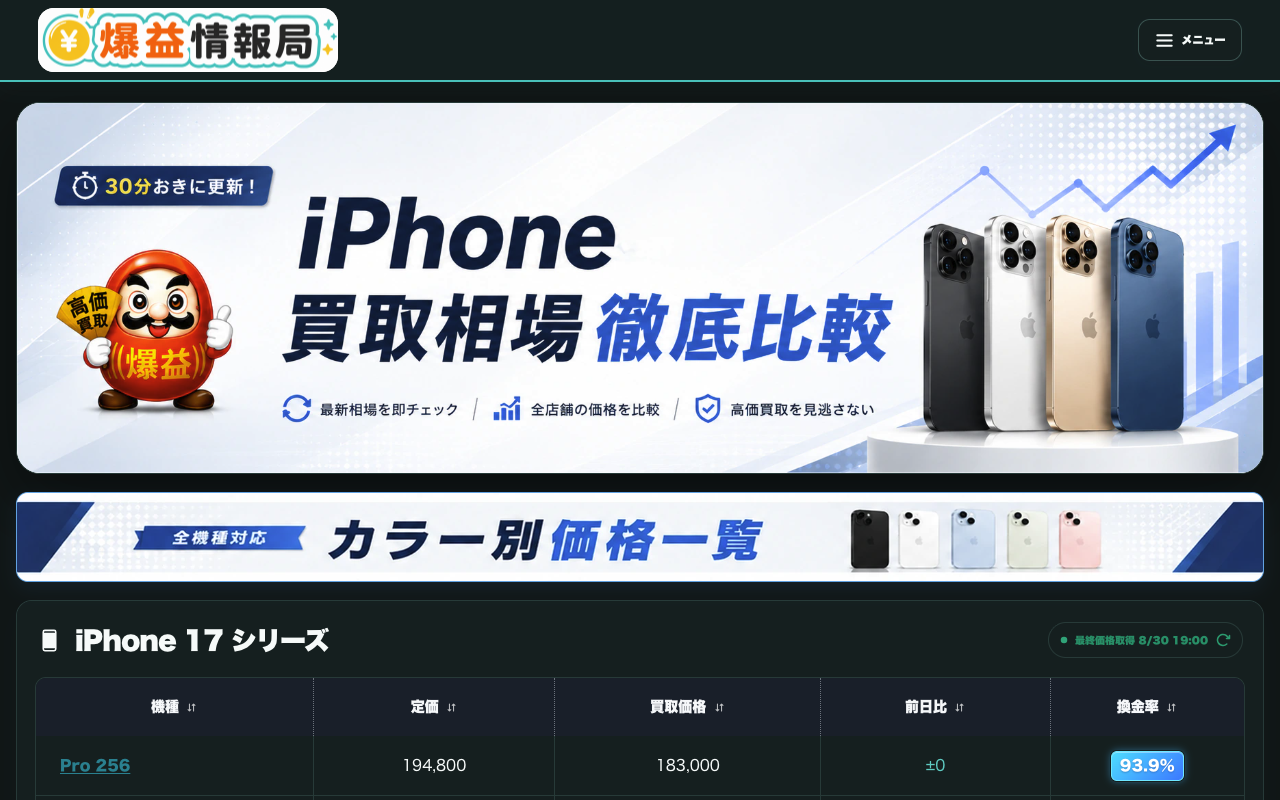 爆益TV（iPhone買取価格一覧）の画面